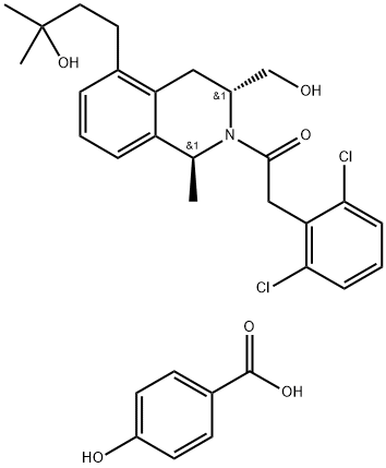 Benzoic acid, 4-hydroxy-, compd. with 2-(2,6-dichlorophenyl)-1-[(1S,3R)-3,4-dihydro-3-(hydroxymethyl)-5-(3-hydroxy-3-methylbutyl)-1-methyl-2(1H)-isoquinolinyl]ethanone (1:1) 化学構造式