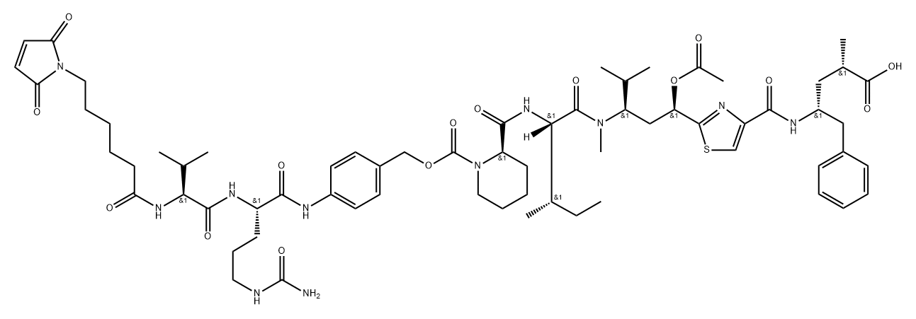 L-Ornithinamide, N-[6-(2,5-dihydro-2,5-dioxo-1H-pyrrol-1-yl)-1-oxohexyl]-L-valyl-N-[4-[[[[(2R)-2-[[[(1S,2S)-1-[[[(1R,3R)-3-(acetyloxy)-3-[4-[[[(1R,3S)-3-carboxy-1-(phenylmethyl)butyl]amino]carbonyl]-2-thiazolyl]-1-(1-methylethyl)propyl]methylamino]carbonyl]-2-methylbutyl]amino]carbonyl]-1-piperidinyl]carbonyl]oxy]methyl]phenyl]-N5-(aminocarbonyl)-,1639939-56-2,结构式