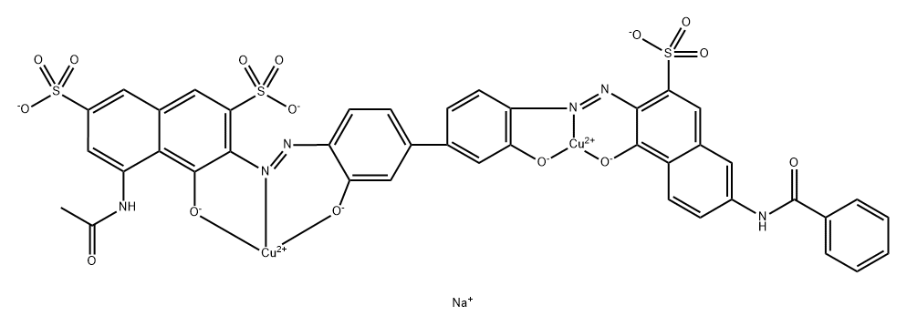 trisodium [4'-(8-acetylamino-3,6-disulfonato-2-naphthylazo)-4''-(6-benzoylamino-3-sulfonato-2-naphthylazo)-biphenyl-1,3',3'',1'''-tetraolato-O,O',O'',O''']copper(II) 结构式