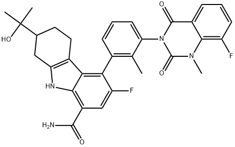 1H-Carbazole-8-carboxamide, 6-fluoro-5-[(3S)-3-(8-fluoro-1,4-dihydro-1-methyl-2,4-dioxo-3(2H)-quinazolinyl)-2-methylphenyl]-2,3,4,9-tetrahydro-2-(1-hydroxy-1-methylethyl)-, (2S,5S)-,1643368-59-5,结构式