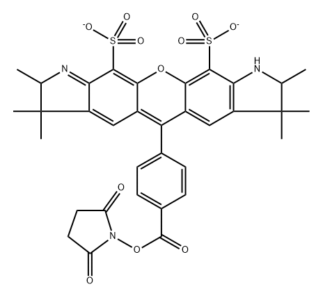 Benzoic acid, 4-(2,3,7,8-tetrahydro-2,3,3,7,7,8-hexamethyl-10,12-disulfo-1H-pyrano[3,2-f:5,6-f']diindol-5-yl)-, 1-(2,5-dioxo-1-pyrrolidinyl) ester, ion(2-) Structure