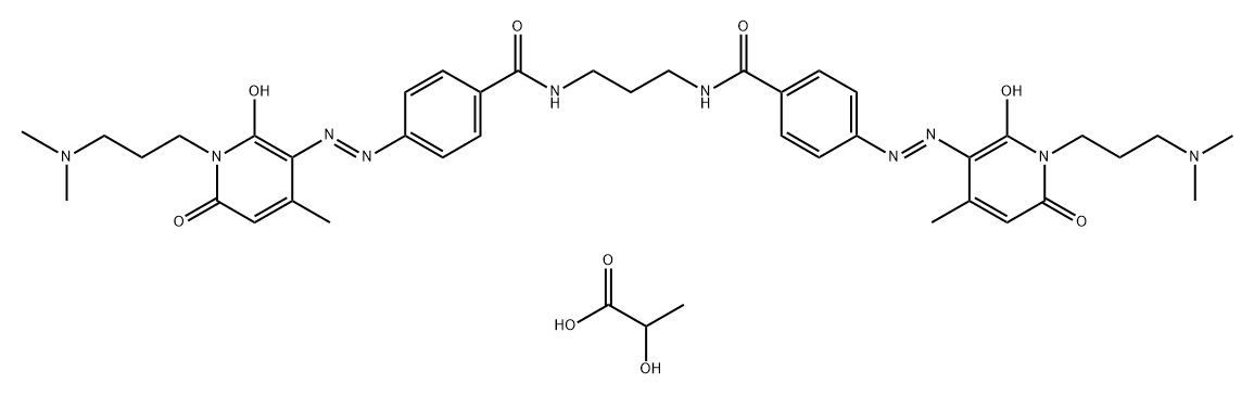 N,N,N',N'-tetramethyl-3,3'-(propylenebis(iminocarbonyl-4,1-phenylenazo(1,6-dihydro-2-hydroxy-4-methyl-6-oxopyridine-3,1-diyl)))di(propylammonium) dilactate 结构式