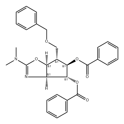 4H-Cyclopentoxazole-4,5-diol, 2-(dimethylamino)-3a,5,6,6a-tetrahydro-6-(phenylmethoxy)methyl-, dibenzoate (ester), 3aS-(3a.alpha.,4.alpha.,5.beta.,6.alpha.,6a.alpha.)- 化学構造式