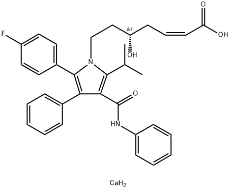 (S,E)-7-(2-(4-fluorophenyl)-5-isopropyl-3-phenyl-4-(phenylcarbamoyl)-1H-pyrrol-1-yl)-5-hydroxyhept-2-enoic acid calcium(II) 化学構造式