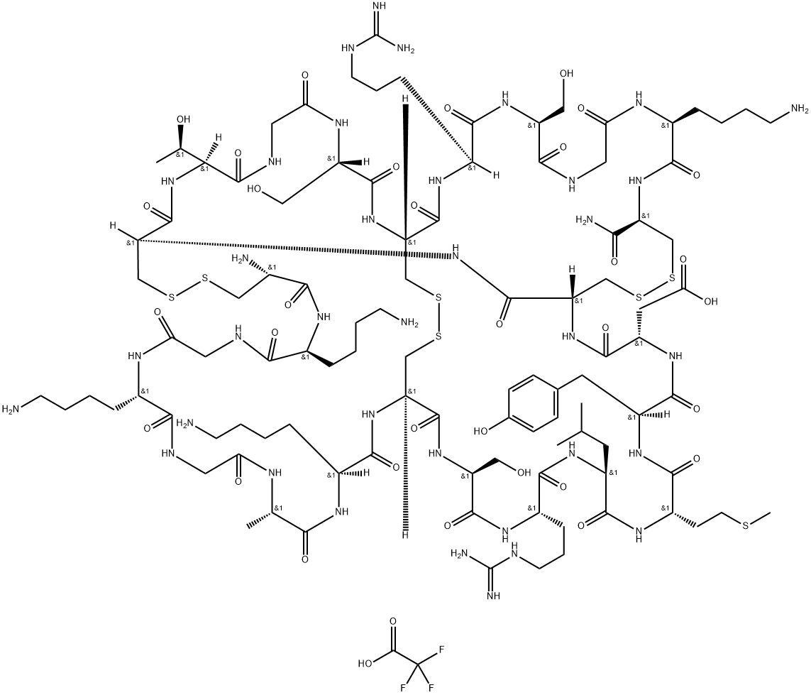 1660960-77-9 L-Cysteinamide, L-cysteinyl-L-lysylglycyl-L-lysylglycyl-L-alanyl-L-lysyl-L-cysteinyl-L-seryl-L-arginyl-L-leucyl-L-methionyl-L-tyrosyl-L-α-aspartyl-L-cysteinyl-L-cysteinyl-L-threonylglycyl-L-seryl-L-cysteinyl-L-arginyl-L-serylglycyl-L-lysyl-, cyclic (1→16),(8→20),(15→25)-tris(disulfide), 2,2,2-trifluoroacetate (1:?)