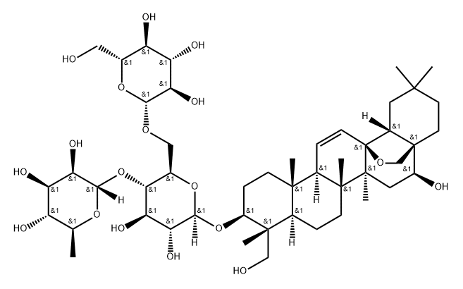 166338-14-3 β-D-Glucopyranoside, (3β,4α,16β)-13,28-epoxy-16,23-dihydroxyolean-11-en-3-yl O-6-deoxy-α-L-mannopyranosyl-(1→4)-O-[β-D-glucopyranosyl-(1→6)]- (9CI)