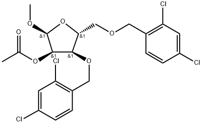 Methyl 2'-O-acetyl-3,5-bis-O-(2,4-dichlorobenzyl)-alpha-D-ribofuranoside 化学構造式