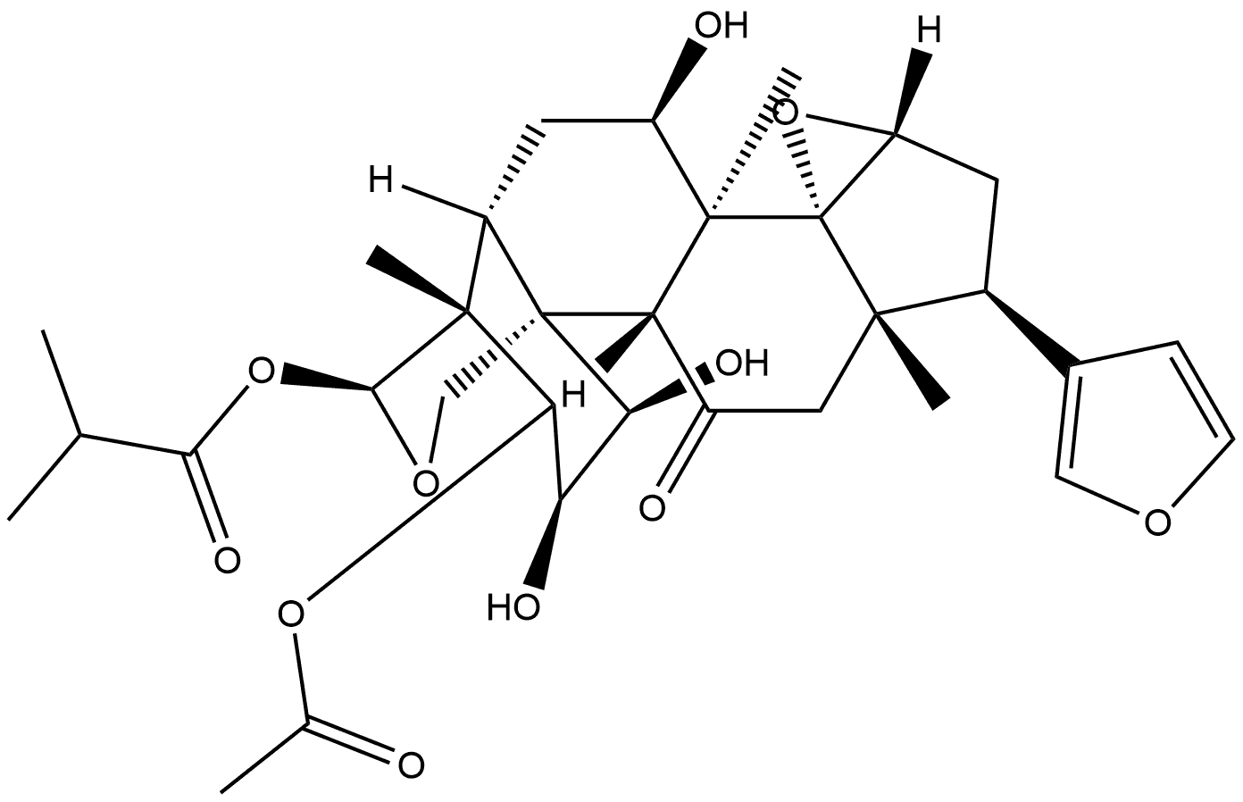 24-Norchola-20,22-diene-4-carboxaldehyde, 3-(acetyloxy)-14,15:21,23-diepoxy-1,2,7,19-tetrahydroxy-4,8-dimethyl-11-oxo-, cyclic 4,19-[2-methyl-1-oxopropyl (S)-acetal], (1α,2α,3α,4β,5α,7α,13α,14β,15β,17α)- (9CI) Structure