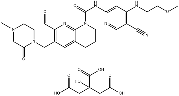 1,8-Naphthyridine-1(2H)-carboxamide, N-[5-cyano-4-[(2-methoxyethyl)amino]-2-pyridinyl]-7-formyl-3,4-dihydro-6-[(4-methyl-2-oxo-1-piperazinyl)methyl]-, 2-hydroxy-1,2,3-propanetricarboxylate (1:1) Struktur