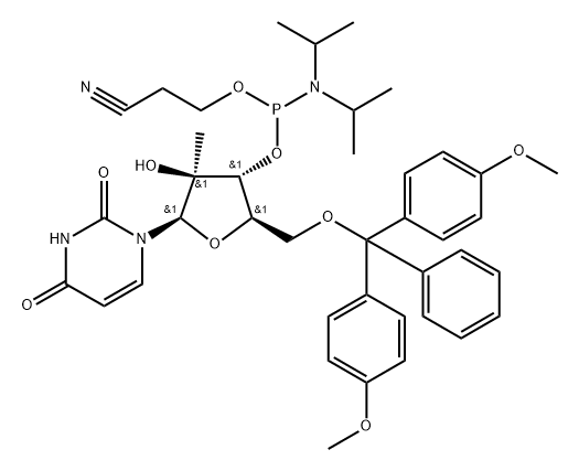 (2R,3R,4R,5R)-2-((bis(4-methoxyphenyl)(phenyl)methoxy)methyl)-5-(2,4-dioxo-3,4-dihydropyrimidin-1(2H)-yl)-4-hydroxy-4-methyltetrahydrofuran-3-yl (2-cyanoethyl) diisopropylphosphoramidite,171074-92-3,结构式