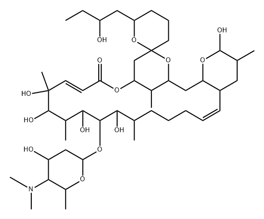 Cytovaricin, 12-O-de(2,6-dideoxy-3-O-methyl-β-D-ribo-hexopyranosyl)-5'-demethyl-10,26a-dideoxy-2-hydroxy-12-O-[2,4,6-trideoxy-4-(dimethylamino)-α-L-lyxo-hexopyranosyl]- (9CI) Struktur