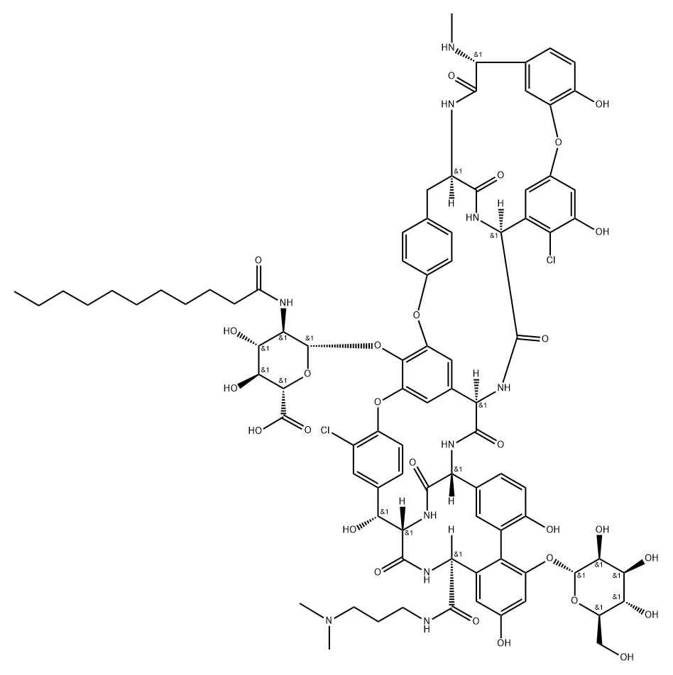 Ristomycin A aglycone, 5,31-dichloro-38-de(methoxycarbonyl)-7-demethyl-19-deoxy-56-O-[2-deoxy-2-[(1-oxoundecyl)amino]-β-D-glucopyranuronosyl]-38-[[[3-(dimethylamino)propyl]amino]carbonyl]-42-O-α-D-mannopyranosyl-N15-methyl- (9CI) Structure