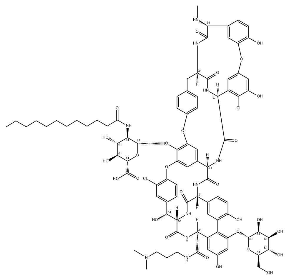 Ristomycin A aglycone, 5,31-dichloro-38-de(methoxycarbonyl)-7-demethyl-19-deoxy-56-O-[2-deoxy-2-[(1-oxododecyl)amino]-β-D-glucopyranuronosyl]-38-[[[3-(dimethylamino)propyl]amino]carbonyl]-42-O-α-D-mannopyranosyl-N15-methyl- (9CI) Structure