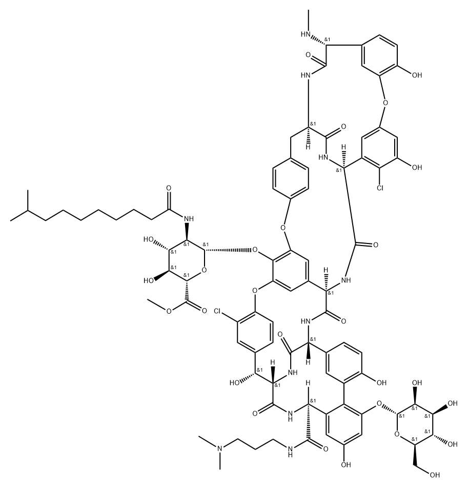 Ristomycin A aglycone, 5,31-dichloro-38-de(methoxycarbonyl)-7-demethyl-19-deoxy-56-O-[2-deoxy-6-methyl-2-[(9-methyl-1-oxodecyl)amino]-β-D-glucopyranuronosyl]-38-[[[3-(dimethylamino)propyl]amino]carbonyl]-42-O-α-D-mannopyranosyl-N15-methyl- (9CI) 结构式