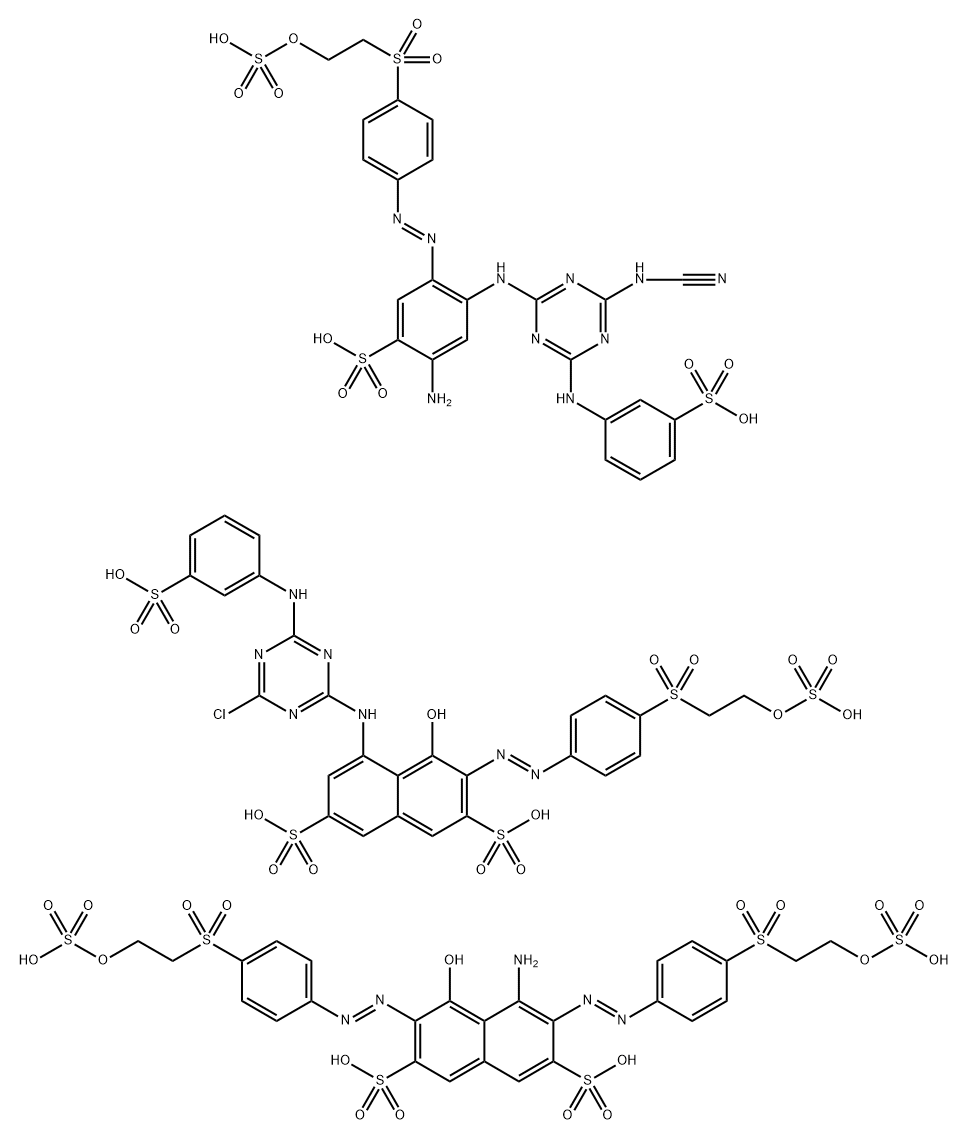 2,7-Naphthalenedisulfonic acid, 4-amino-5-hydroxy-3,6-bis[[4-[[2-(sulfooxy)ethyl]sulfonyl]phenyl]azo]-, mixt. with 2-amino-4-[[4-(cyanoamino)-6-[(3-sulfophenyl)amino]-1,3,5-triazin-2-yl]amino]-5-[[4-[[2-(sulfooxy)ethyl]sulfonyl]phenyl]azo]benzenesulfonic acid and 5-[[4-chloro-6-[(3-sulfophenyl)amino]-1,3,5-triazin-2-yl]amino]-4-hydroxy-3-[[4-[[2-(sulfooxy)ethyl]sulfonyl]phenyl]azo]-2,7-naphthalenedisulfonic acid,172319-87-8,结构式