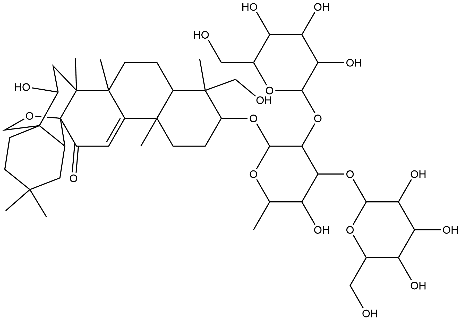 Olean-9(11)-en-12-one, 13,28-epoxy-3-[(O-β-D-glucopyranosyl-(1→2)-O-[β-D-glucopyranosyl-(1→3)]-6-deoxy-β-D-galactopyranosyl)oxy]-16,23-dihydroxy-, (3β,4α,16β)- 化学構造式