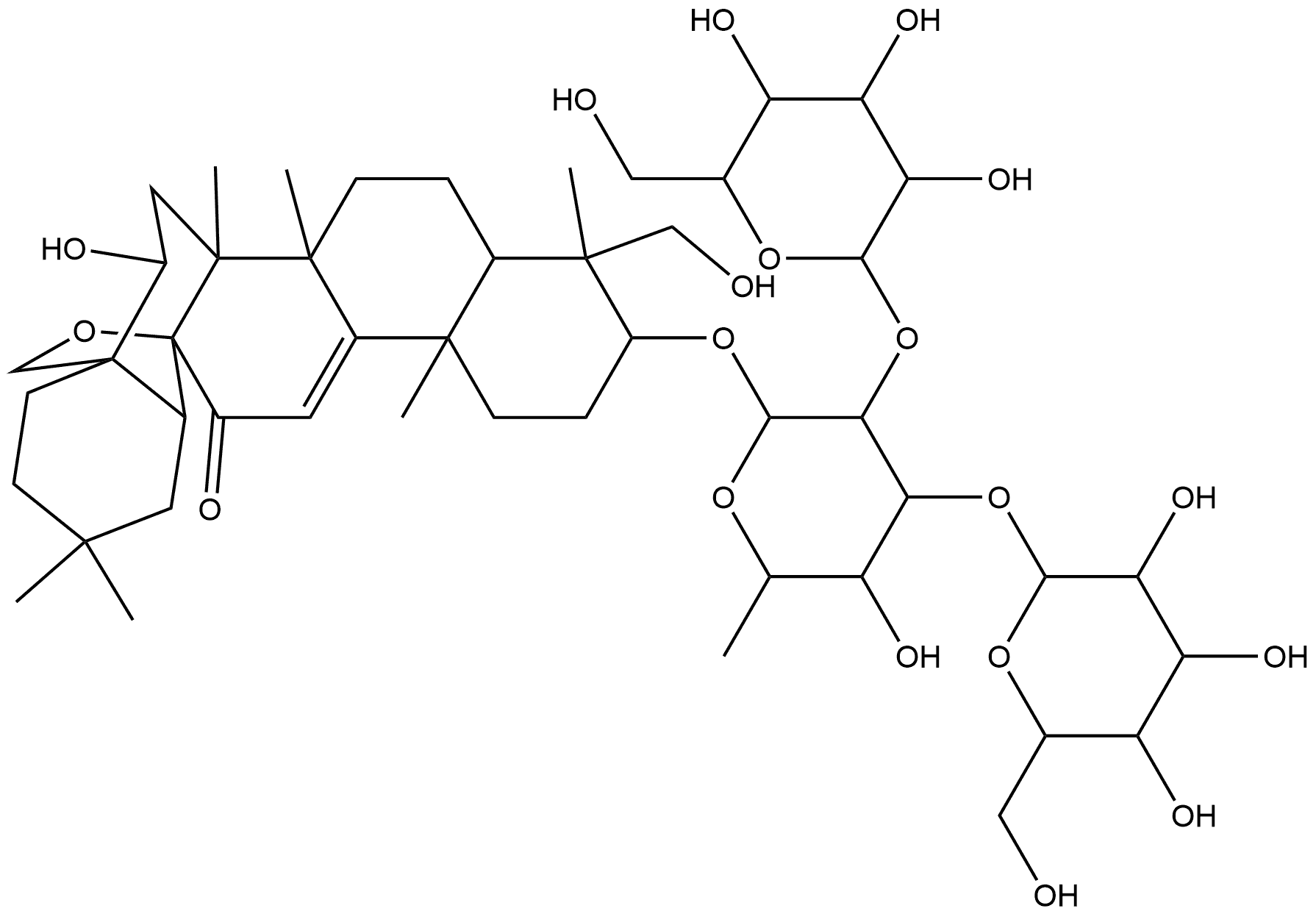 Olean-9(11)-en-12-one, 13,28-epoxy-3-[(O-β-D-glucopyranosyl-(1→2)-O-[β-D-glucopyranosyl-(1→3)]-6-deoxy-β-D-galactopyranosyl)oxy]-16,23-dihydroxy-, (3β,4α,16β)- Struktur