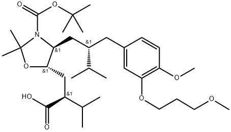 5-Oxazolidinepropanoic acid, 3-[(1,1-diMethylethoxy)carbonyl]-4-[(2S)-2-[[4-Methoxy-3-(3-Methoxypropoxy)phenyl]Methyl]-3-Methylbutyl]-2,2-diMethyl-α-(1-Methylethyl)-, (αS,4S,5S)- Struktur