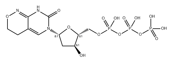 1H-Pyrimido[4,5-c][1,2]oxazin-7(3H)-one, 6-[2-deoxy-5-O-[hydroxy[[hydroxy(phosphonooxy)phosphinyl]oxy]phosphinyl]-β-D-erythro-pentofuranosyl]-4,6-dihydro- 结构式