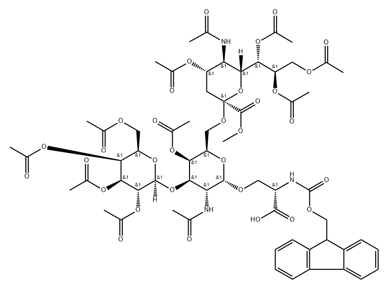 L-Serine, O-[O-(N-acetyl-4,7,8,9-tetra-O-acetyl-1-methyl-β-neuraminosyl)-(2→6)-O-[2,3,4,6-tetra-O-acetyl-β-D-galactopyranosyl-(1→3)]-4-O-acetyl-2-(acetylamino)-2-deoxy-α-D-galactopyranosyl]-N-[(9H-fluoren-9-ylmethoxy)carbonyl]- (9CI) Structure