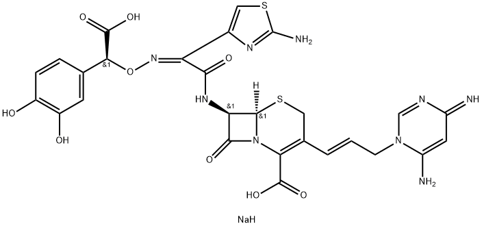 3-[3-[(4,6-ジアミノピリミジン-1-イウム)-1-イル]-1-プロペニル]-7β-[(Z)-(2-アミノ-1H-イミダゾール-4-イル)[[(S)-α-(ソジオオキシカルボニル)-3,4-ジヒドロキシベンジル]オキシイミノ]アセチルアミノ]セファム-3-エン-4-カルボン酸アニオン 化学構造式