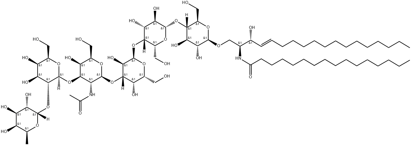 Hexadecanamide, N-[(1S,2R,3E)-1-[[[O-6-deoxy-α-L-galactopyranosyl-(1→2)-O-β-D-galactopyranosyl-(1→3)-O-2-(acetylamino)-2-deoxy-β-D-galactopyranosyl-(1→3)-O-α-D-galactopyranosyl-(1→4)-O-β-D-galactopyranosyl-(1→4)-β-D-glucopyranosyl]oxy]methyl]-2-hydroxy-3-heptadecen-1-yl]- Structure