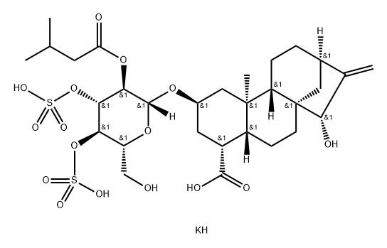 (4α,15S)-15-ヒドロキシ-2β-[[2-O-(3-メチル-1-オキソブチル)-3-O,4-O-ビス(ポタシオスルホ)-β-D-グルコピラノシル]オキシ]-19-ノルカウラ-16-エン-18-酸 化学構造式