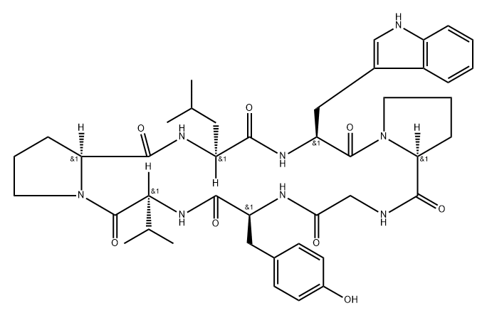 Cyclo(glycyl-L-tyrosyl-L-valyl-L-prolyl-L-leucyl-L-tryptophyl-L-prolyl) Struktur