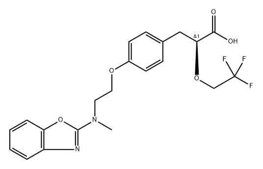 (S)-α-(2,2,2-トリフルオロエトキシ)-4-[2-[メチル(ベンゾオキサゾール-2-イル)アミノ]エトキシ]ベンゼンプロパン酸 化学構造式