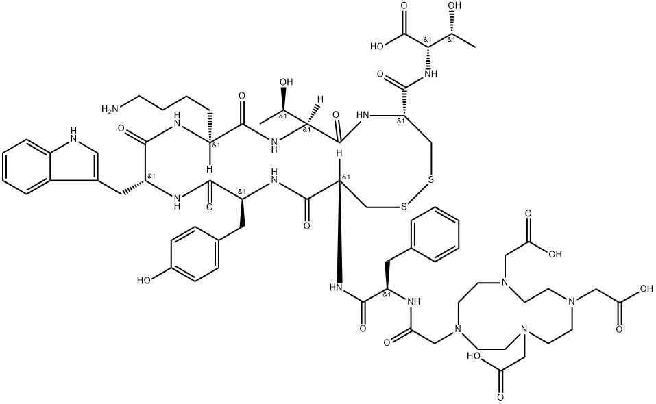 L-Threonine, N-[2-[4,7,10-tris(carboxymethyl)-1,4,7,10-tetraazacyclododec-1-yl]acetyl]-D-phenylalanyl-L-cysteinyl-L-tyrosyl-D-tryptophyl-L-lysyl-L-threonyl-L-cysteinyl-, cyclic (2→7)-disulfide Struktur