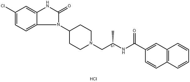2-Naphthalenecarboxamide, N-[(1S)-2-[4-(5-chloro-2,3-dihydro-2-oxo-1H-benzimidazol-1-yl)-1-piperidinyl]-1-methylethyl]-, hydrochloride (1:1) 化学構造式