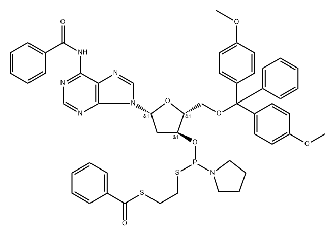 ADENOSINE, N-BENZOYL-5'-O-[BIS(4-METHOXYPHENYL)PHENYLMETHYL]-2'-DEOXY-, 3'-[S-[2-(BENZOYLTHIO)ETHYL] P-1-PYRROLIDINYLPHOSPHONOTHIOITE],178272-29-2,结构式