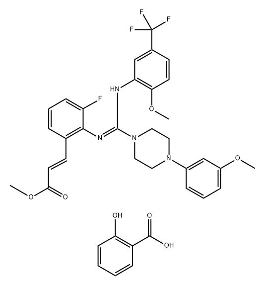 Benzoic acid, 2-hydroxy-, compd. with (2E)-methyl 3-[3-fluoro-2-[[[4-(3-methoxyphenyl)-1-piperazinyl][[2-methoxy-5-(trifluoromethyl)phenyl]imino]methyl]amino]phenyl]-2-propenoate (1:1) Structure