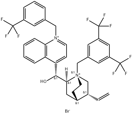 Cinchonanium, 1-[[3,5-bis(trifluoromethyl)phenyl]methyl]-9-hydroxy-1'-[[3-(trifluoromethyl)phenyl]methyl]-, bromide (1:2), (8α,9R)- 化学構造式