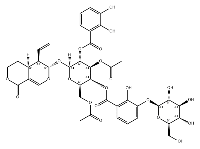 1H,3H-Pyrano[3,4-c]pyran-1-one, 6-[[3,6-di-O-acetyl-2-O-(2,3-dihydroxybenzoyl)-4-O-[3-(β-D-glucopyranosyloxy)-2-hydroxybenzoyl]-β-D-glucopyranosyl]oxy]-5-ethenyl-4,4a,5,6-tetrahydro-, (4aS,5R,6S)- Structure