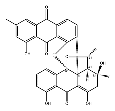 18a,9-(Epoxymethano)-18aH-dianthra[1,2-b:4'a,10'-d]furan-5,12,17(7H)-trione, 8,9-dihydro-4,6,8,16-tetrahydroxy-8,14,20-trimethyl-, (8S,9S,9aR,18aS,20R)- Structure