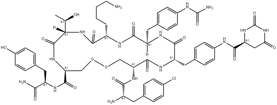 D-Tyrosinamide, 4-chloro-L-phenylalanyl-D-cysteinyl-4-[[[(4S)-hexahydro-2,6-dioxo-4-pyrimidinyl]carbonyl]amino]-L-phenylalanyl-4-[(aminocarbonyl)amino]-D-phenylalanyl-L-lysyl-L-threonyl-L-cysteinyl-, cyclic (2→7)-disulfide 化学構造式