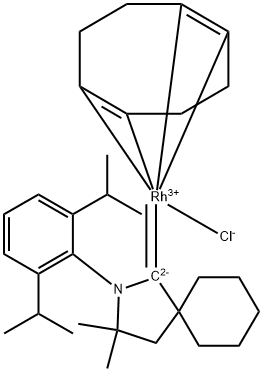 氯代[2-(2,6-二异丙基苯基)-3,3-二甲基-2-氮杂螺[4.5]癸-1-亚基][1,2,5,6-Η-1,5-环辛二烯]铑, 1801869-83-9, 结构式