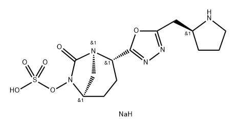 Sulfuric acid, mono[(1R,2S,5R)-7-oxo-2-[5-[(2S) -2-pyrrolidinylmethyl]-1,3,4-oxadiazol-2-yl]-1, 6-diazabicyclo[3.2.1]oct-6-yl] ester, sodium salt (1:1) Struktur