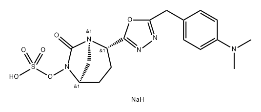 Sulfuric acid, mono[(1R,2S,5R)-2-[5-[[4- (dimethylamino)phenyl]methyl]-1,3,4- oxadiazol-2-yl]-7-oxo-1,6-diazabicyclo[3.2.1] oct-6-yl] ester, sodium salt (1:1) 化学構造式