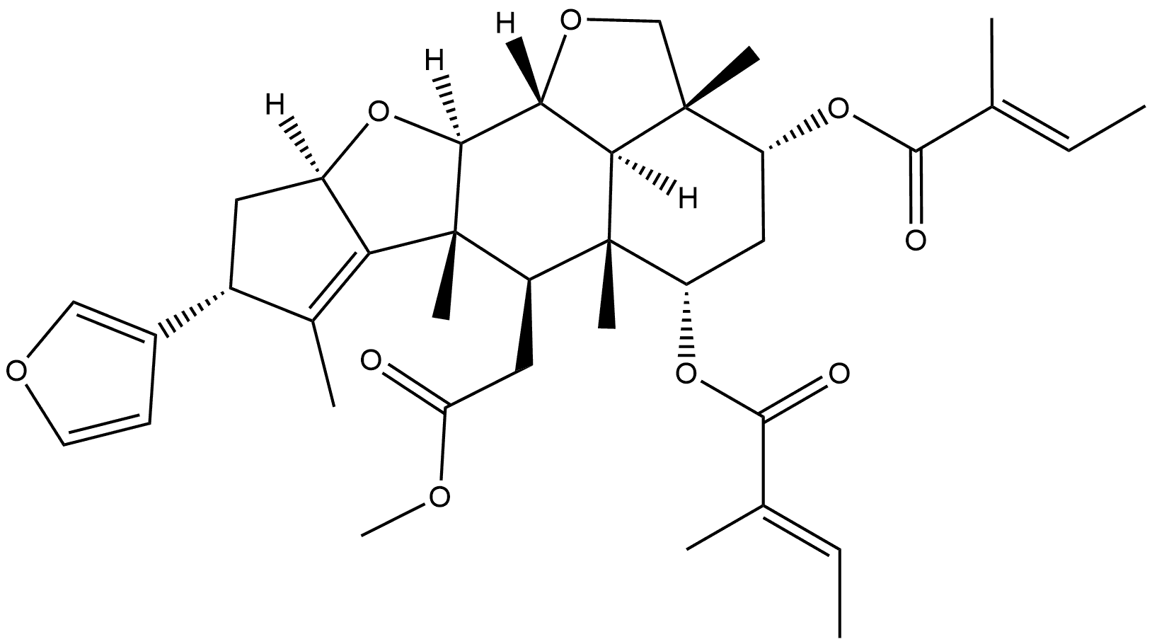 2H,3H-Cyclopenta[d']naphtho[1,8-bc:2,3-b']difuran-6-acetic acid, 8-(3-furanyl)-2a,4,5,5a,6,6a,8,9,9a,10a,10b,10c-dodecahydro-2a,5a,6a,7-tetramethyl-3,5-bis[[(2E)-2-methyl-1-oxo-2-buten-1-yl]oxy]-, methyl ester, (2aR,3R,5S,5aR,6R,6aR,8R,9aR,10aR,10bR,10cR)-,1802166-79-5,结构式