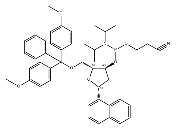 D-?erythro-?Pentitol, 1,?4-?anhydro-?5-?O-?[bis(4-?methoxyphenyl)?phenylmethyl]?-?2-?deoxy-?1-?C-?1-?naphthalenyl-?, 2-?cyanoethyl bis(1-?methylethyl)?phosphoramidite, (1R)?-(9CI),180611-74-9,结构式