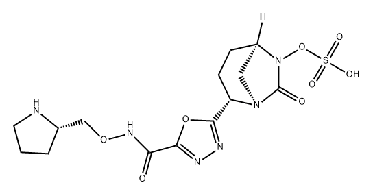 (1R,2S,5R)-7-Oxo-2-[5-[[[(2S)-2-pyrrolidin ylmethoxy]amino]carbonyl]-1,3,4-oxadiazol-2- yl]-1,6-diazabicyclo[3.2.1]oct-6-yl hydrogen sulfate Structure