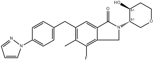 4-フルオロ-2-[(3S,4S)-4-ヒドロキシオキサン-3-イル]-5-メチル-6-{[4-(ピラゾール-1-イル)フェニル]メチル}-3H-イソインドール-1-オン 化学構造式