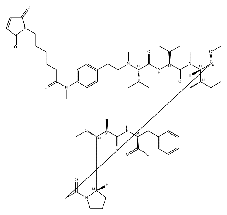 L-Phenylalanine, N-[2-[4-[[6-(2,5-dihydro-2,5-dioxo-1H-pyrrol-1-yl)-1-oxohexyl]methylamino]phenyl]ethyl]-N-methyl-L-valyl-L-valyl-(3R,4S,5S)-3-methoxy-5-methyl-4-(methylamino)heptanoyl-(αR,βR,2S)-β-methoxy-α-methyl-2-pyrrolidinepropanoyl- 化学構造式