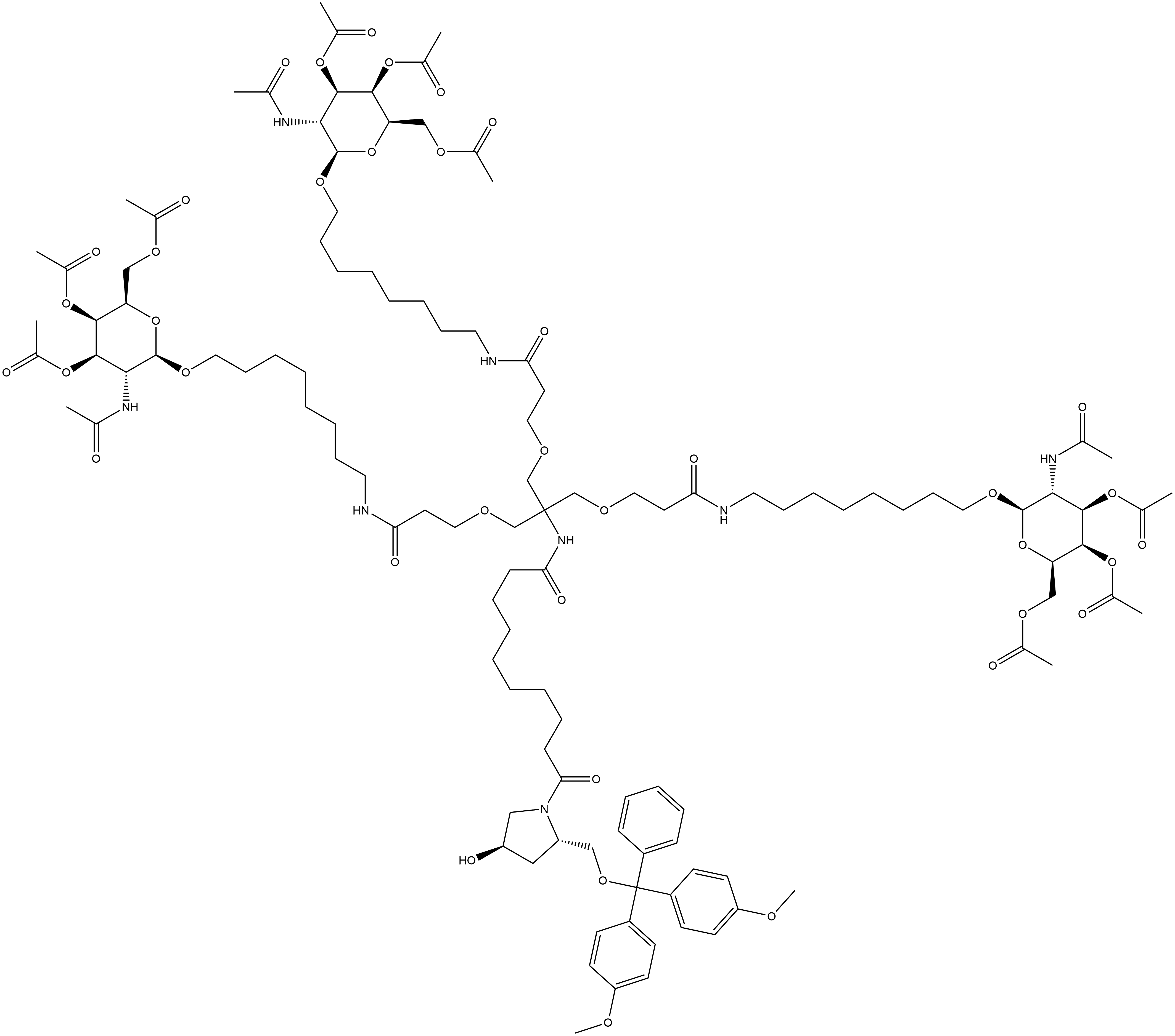 (2S,4R)-2-[[Bis(4-methoxyphenyl)phenylmethoxy]methyl]-4-hydroxy-N-[2-[3-oxo-3-[[8-[[3,4,6-tri-O-acetyl-2-(acetylamino)-2-deoxy-β-D-galactopyranosyl]oxy]octyl]amino]propoxy]-1,1-bis[[3-oxo-3-[[8-[[3,4,6-tri-O-acetyl-2-(acetylamino)-2-deoxy-β-D-galactopyranosyl]oxy]octyl]amino]propoxy]methyl]ethyl]-1-pyrrolidinedodecanamide Struktur