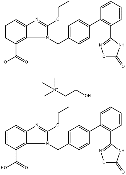 Ethanaminium, 2-hydroxy-N,N,N-trimethyl-, 1-[[2'-(2,5-dihydro-5-oxo-1,2,4-oxadiazol-3-yl)[1,1'-biphenyl]-4-yl]methyl]-2-ethoxy-1H-benzimidazole-7-carboxylate, compd. with 1-[[2'-(2,5-dihydro-5-oxo-1,2,4-oxadiazol-3-yl)[1,1'-biphenyl]-4-yl]methyl]-2-ethoxy-1H-benzimidazole-7-carboxylate (1:1:1) 化学構造式