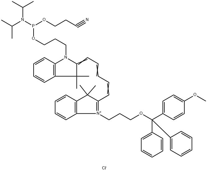 3H-Indolium, 2-[5-[1-[3-[[[bis(1-methylethyl)amino](2-cyanoethoxy)phosphino]oxy]propyl]-1,3-dihydro-3,3-dimethyl-2H-indol-2-ylidene]-1,3-pentadien-1-yl]-1-[3-[(4-methoxyphenyl)diphenylmethoxy]propyl]-3,3-dimethyl-, chloride (1:1) Structure