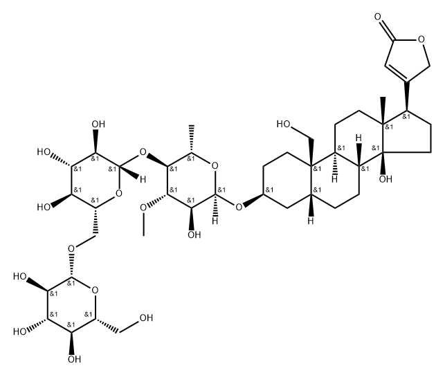 Card-20(22)-enolide, 3-[(O-β-D-glucopyranosyl-(1→6)-O-β-D-glucopyranosyl-(1→4)-6-deoxy-3-O-methyl-α-L-glucopyranosyl)oxy]-14,19-dihydroxy-, (3β,5β)- 结构式