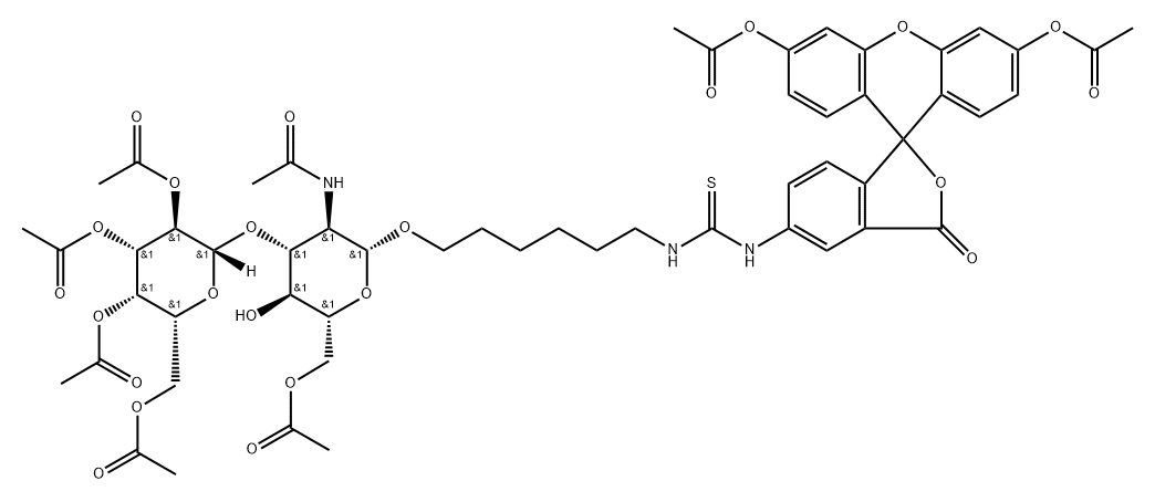 Thiourea, N-6-6-O-acetyl-2-(acetylamino)-2-deoxy-3-O-(2,3,4,6-tetra-O-acetyl-.beta.-D-galactopyranosyl)-.beta.-D-glucopyranosyloxyhexyl-N-3,6-bis(acetyloxy)-3-oxospiroisobenzofuran-1(3H),9-9Hxanthen-5-yl-,184294-02-8,结构式